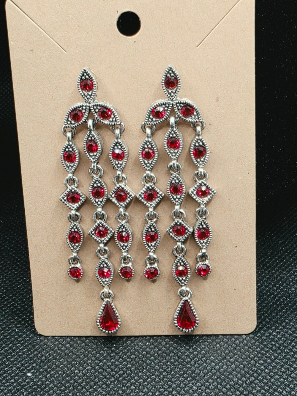 Napier Red Rhinestone Chandelier Drop Earrings Silver-Tone Statement Jewelry
